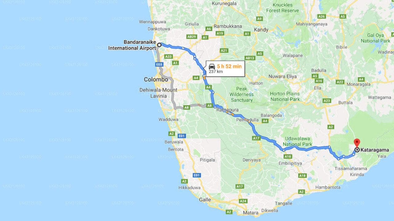 Transfer between Colombo Airport (CMB) and La Serenado Holiday Resort, Kataragama