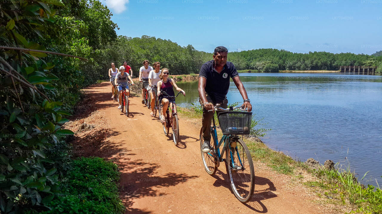 A group of people cycling on a dirt road near a lagoon, with a man on a blue bicycle in the lead and others following behind.